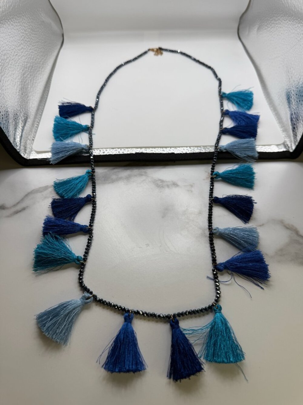 Tassle Necklace with Swarovski Crystals and 4 Shades of Blue Tassels